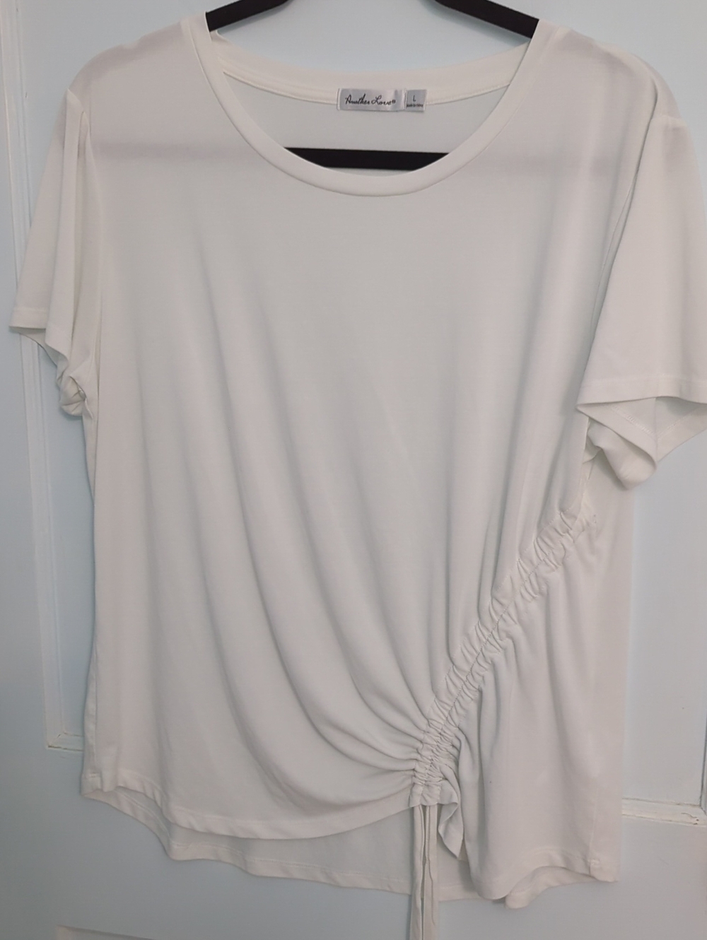 Another Love Sz L White Short Sleeve Ruched Drawstring Tee
